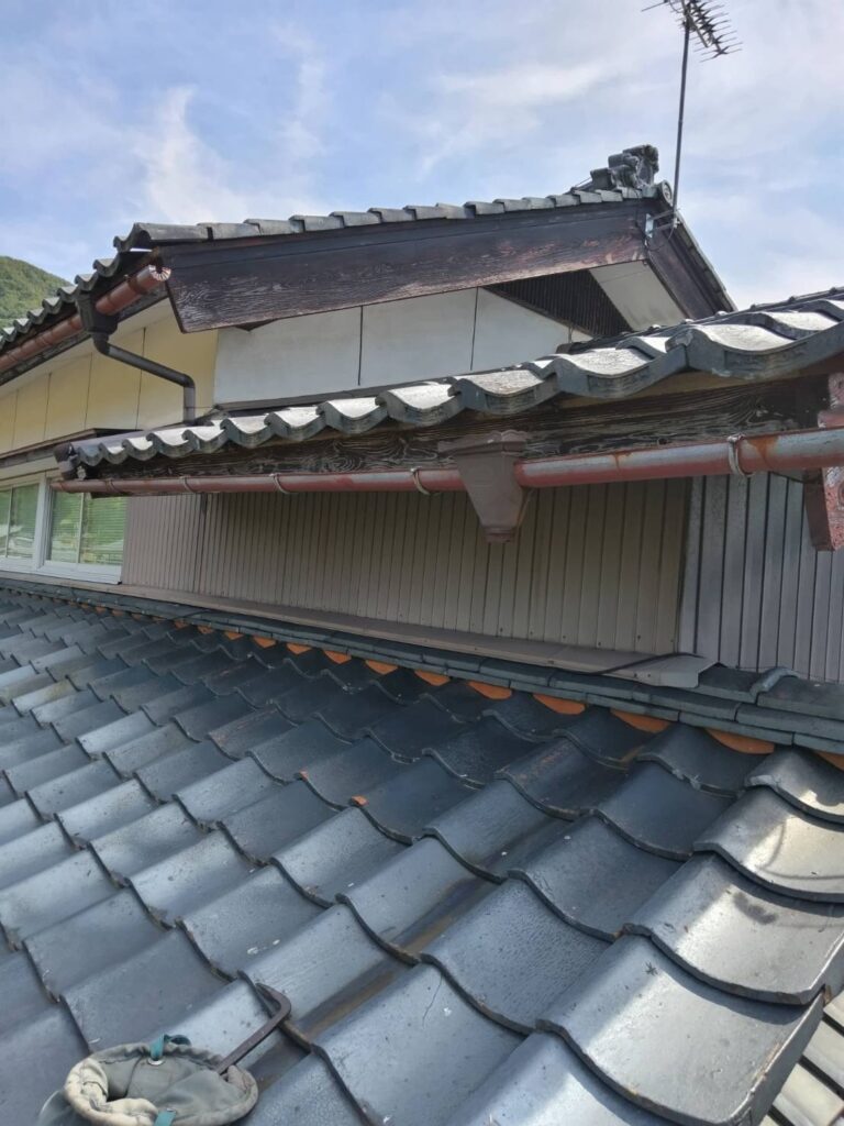 雨樋が受けから外れ、集水器の下部の竪樋が外れて失われている箇所も確認されました。足場を設置して雨どいを交換していきます。
